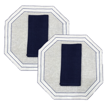 Load image into Gallery viewer, Set-of-2 blue and white octagonal placemat and napkin
