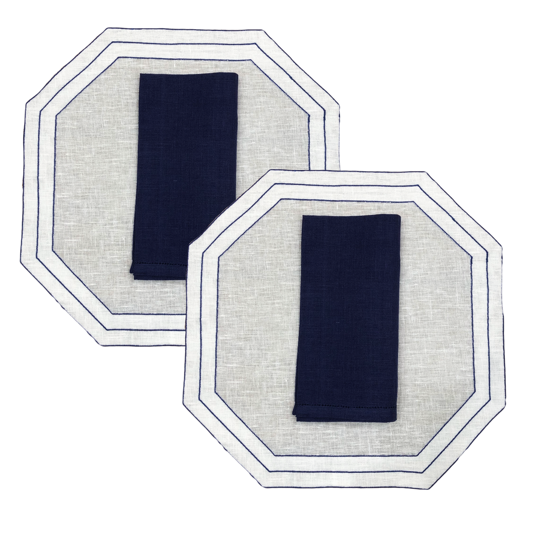 Set-of-2 blue and white octagonal placemat and napkin