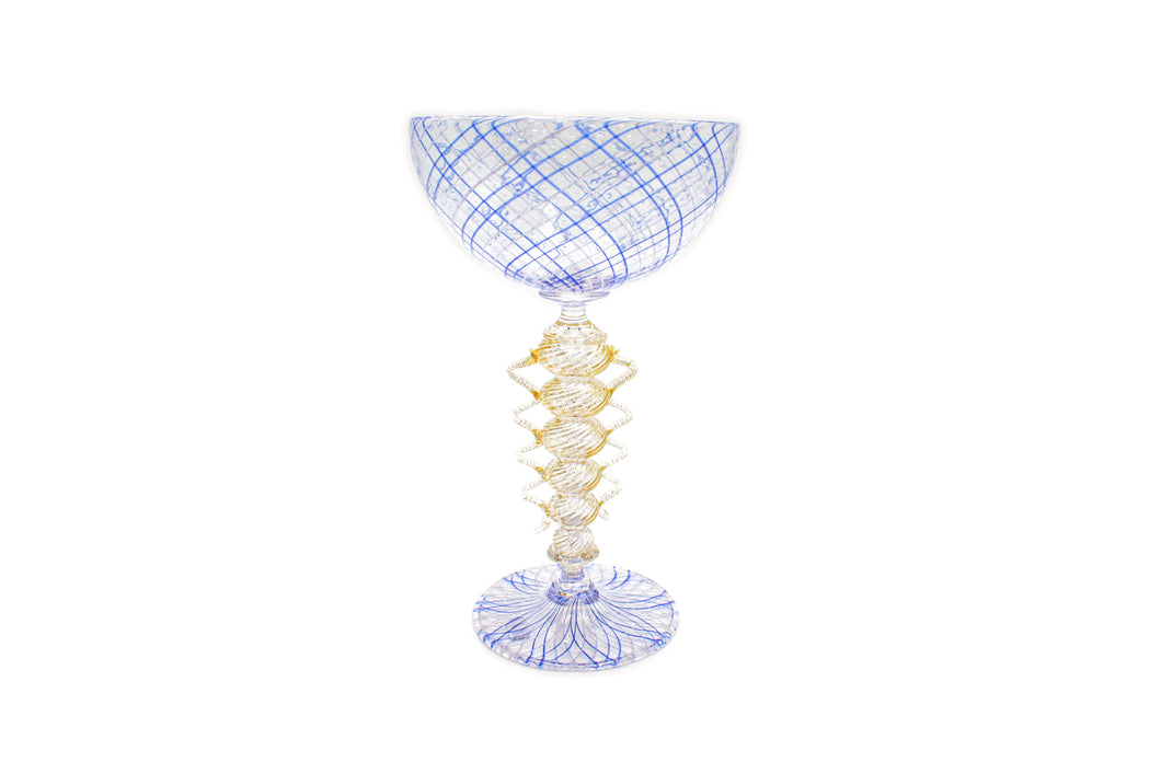 White and blue goblet - reticello - champagne glass