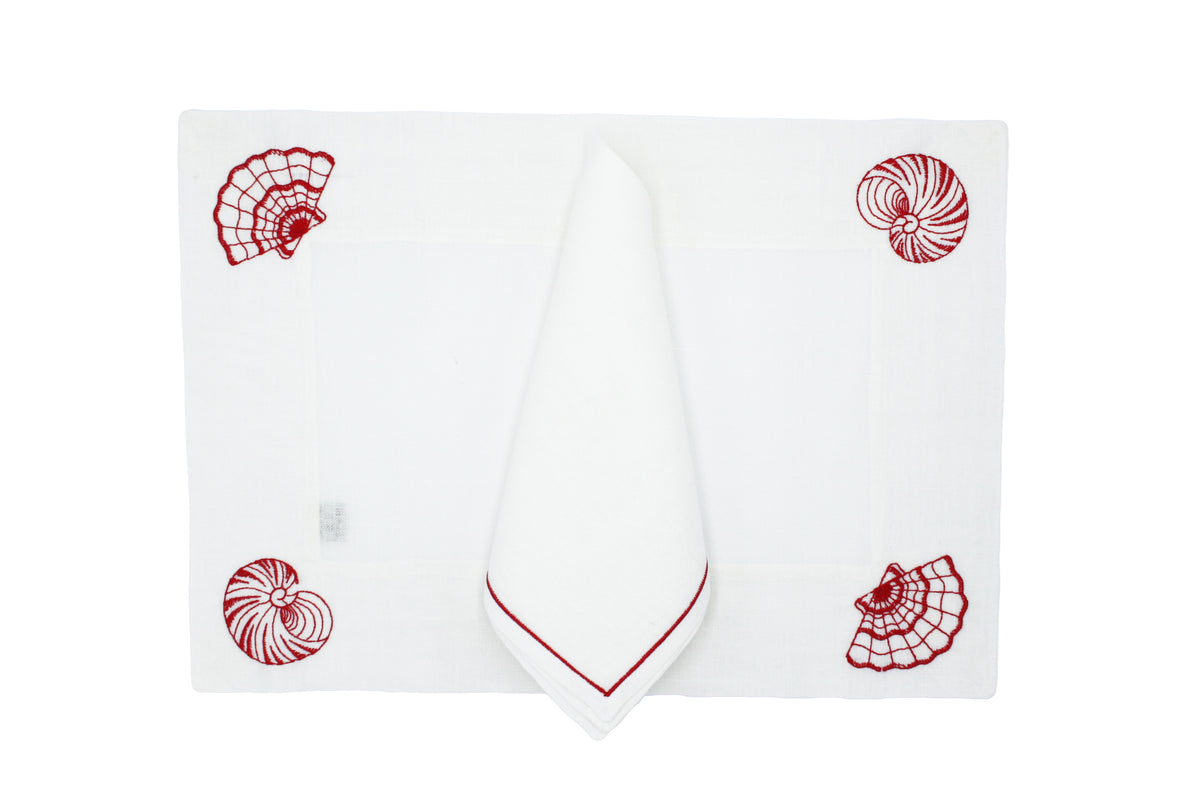 Set tovaglietta e tovagliolo conchiglie rosso/bianco