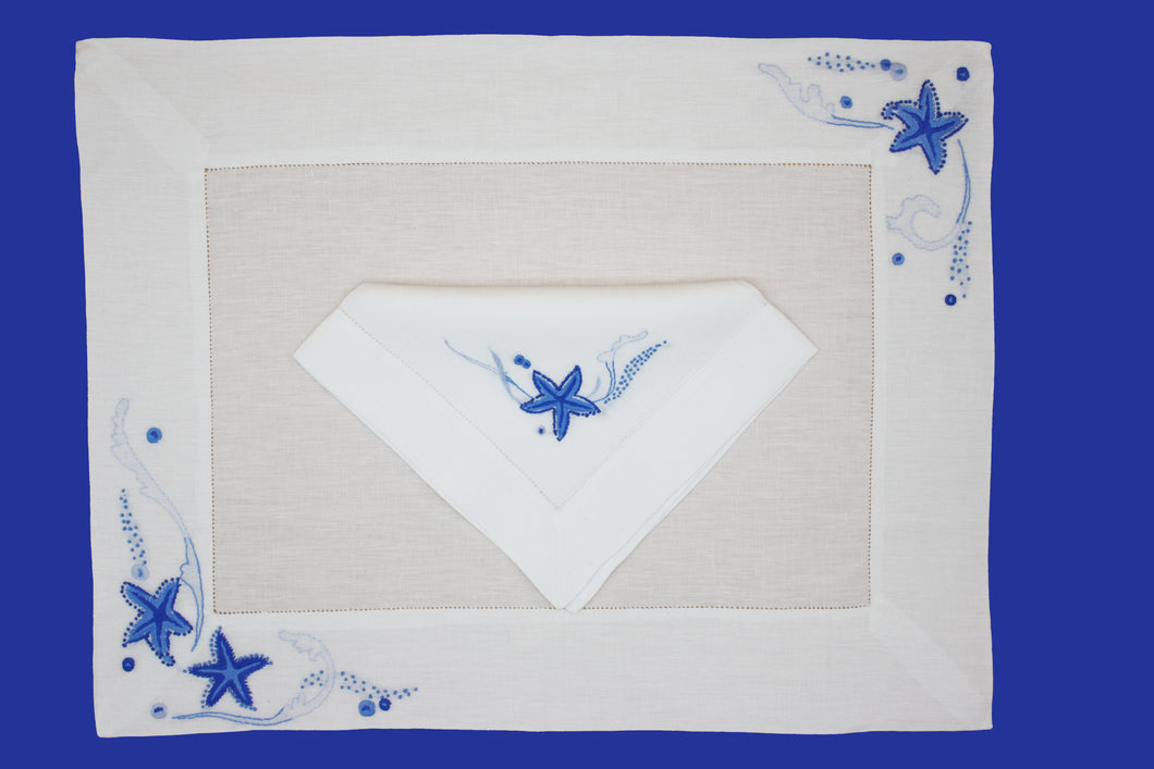 Set-of-2 placemats and napkins - Starfish - blue