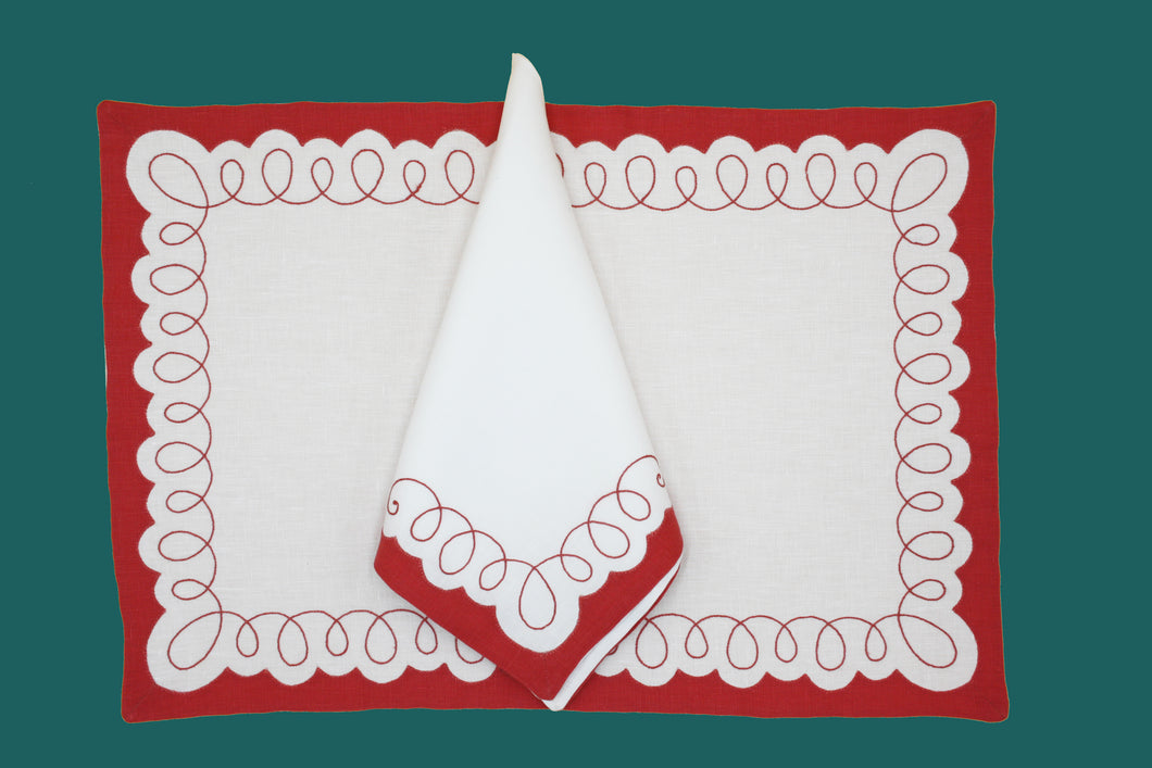 Set-of-2 placemats and napkins - coral / white
