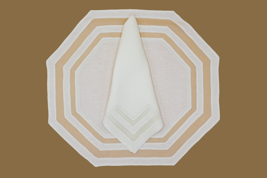 Set-of-2 placemats and napkins - Octagonal with two bands - ecru