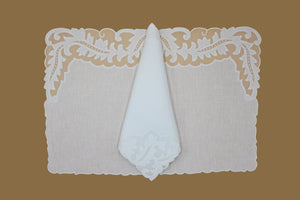 Set-of-2 placemats and napkins - leaves - white